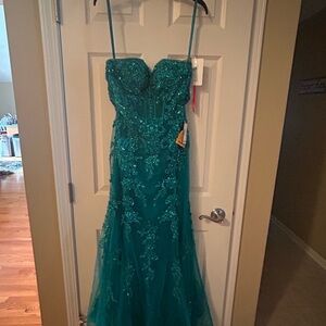 Teal Sequin Strapless Gown
